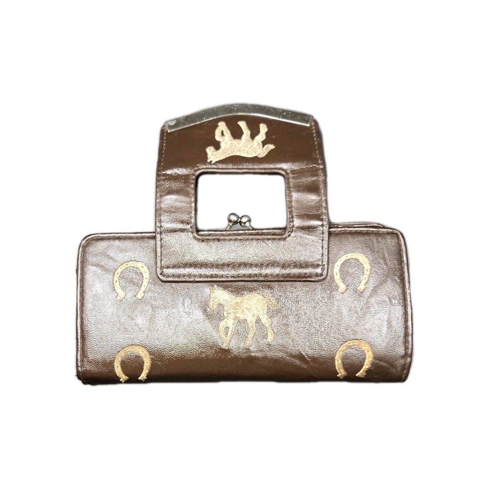Vintage Western Horse Horseshoe Brown Faux Leather Kiss Lock Trifold Wallet - Picture 5 of 9